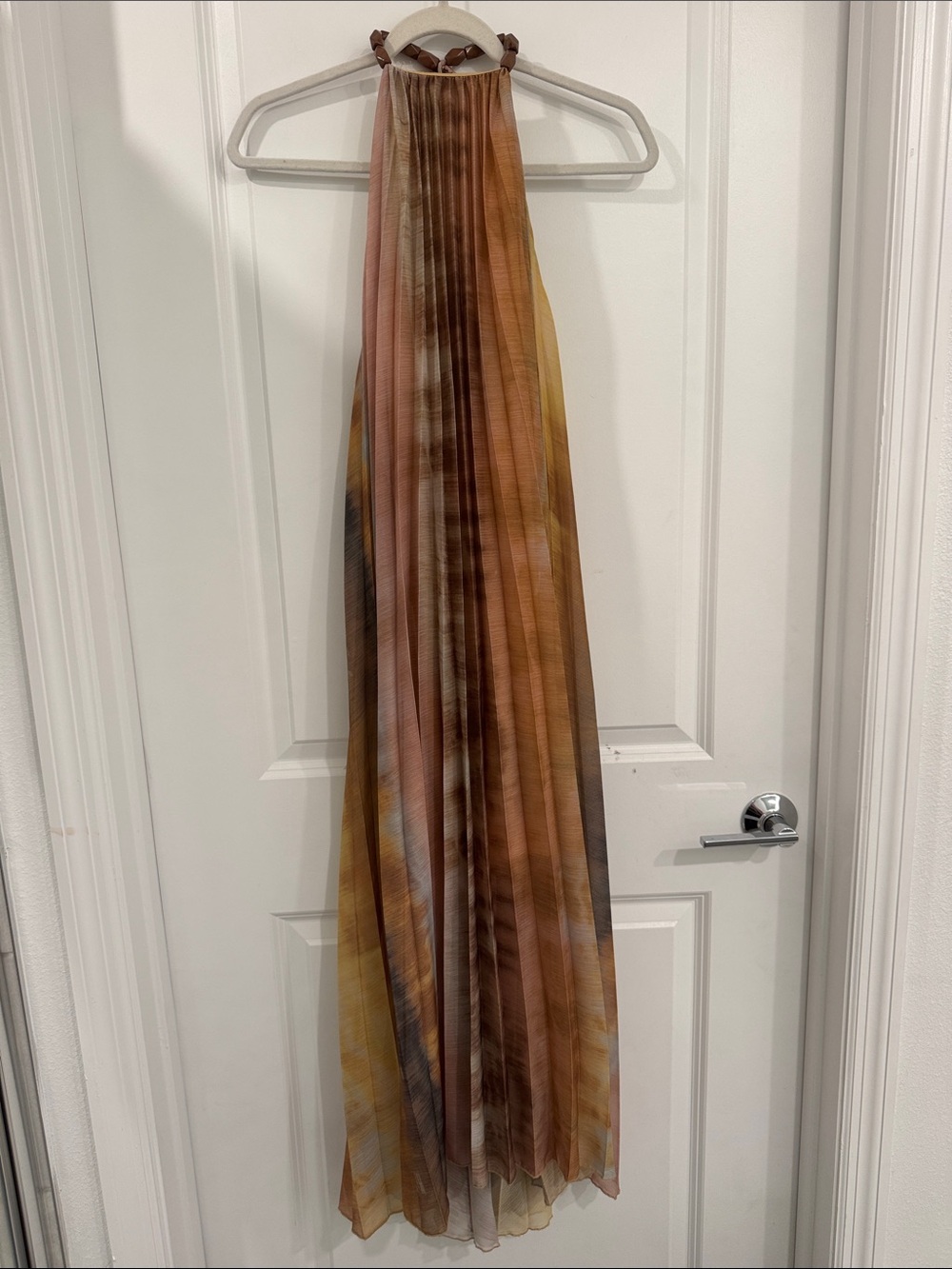 Pleated Sheer Window Maxi Dress in Brown tie dye.